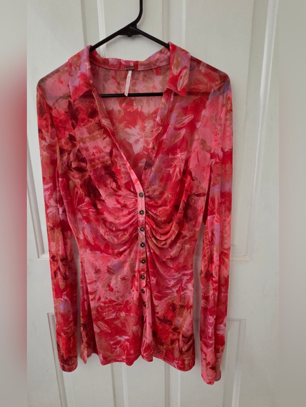 Free People Ruched Button Up Floral Blouse Large